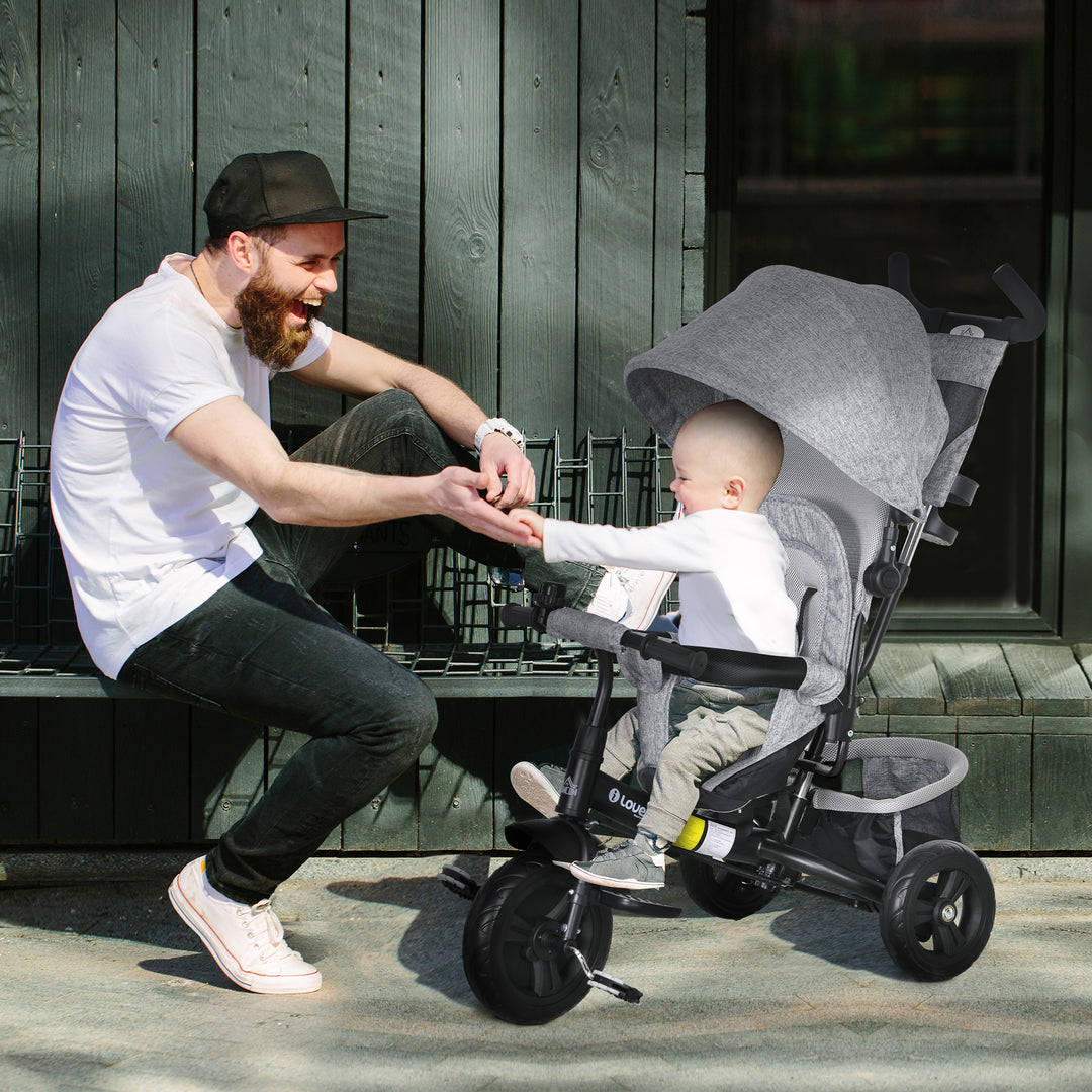 Børnetrecykel, børnecykel, bagkurv, kopholder, solskærm, metal, grå