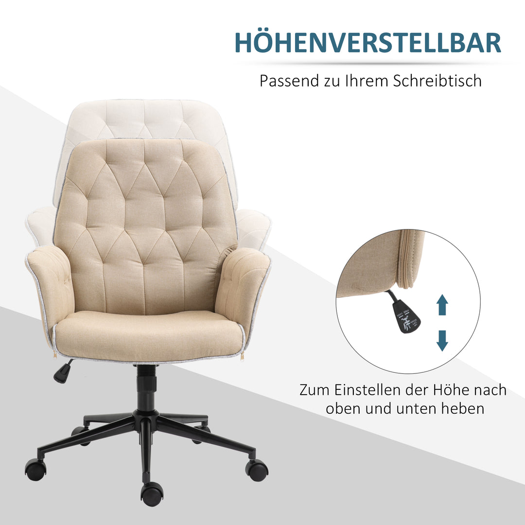 Kontorstol med vippefunktion, drejestol, hjemmekontorstol, højdejusterbar skrivebordsstol, computerstol, arbejdsstol med armlæn, 360° drejelige hjul, skum, beige, 66 x 69 x 89,5-97 cm