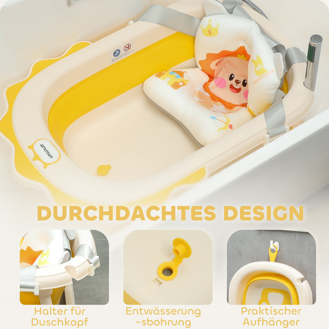 Babybadekar med vask, foldbar, skridsikker bund, komfortabel badehynde, gul