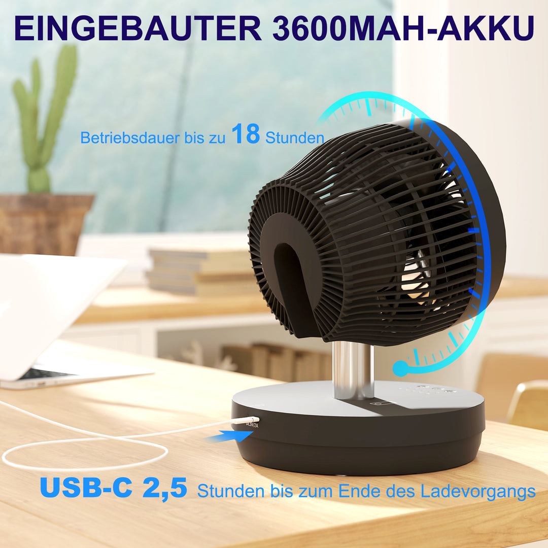 Ventilator, klimaanlæg med genopladeligt batteri, fjernbetjening, justerbar, sort