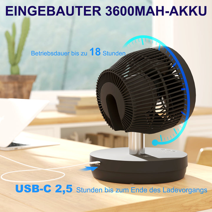 Ventilator, klimaanlæg med genopladeligt batteri, fjernbetjening, justerbar, sort