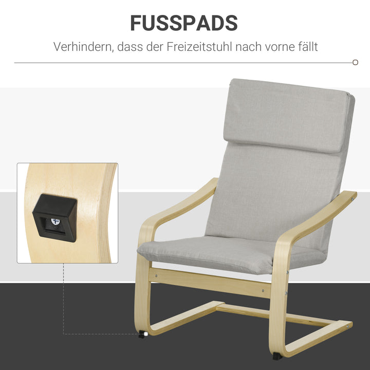 Loungestol med fodskammel, betræk i hørlook, træstel, op til 120 kg, lysegrå/natur