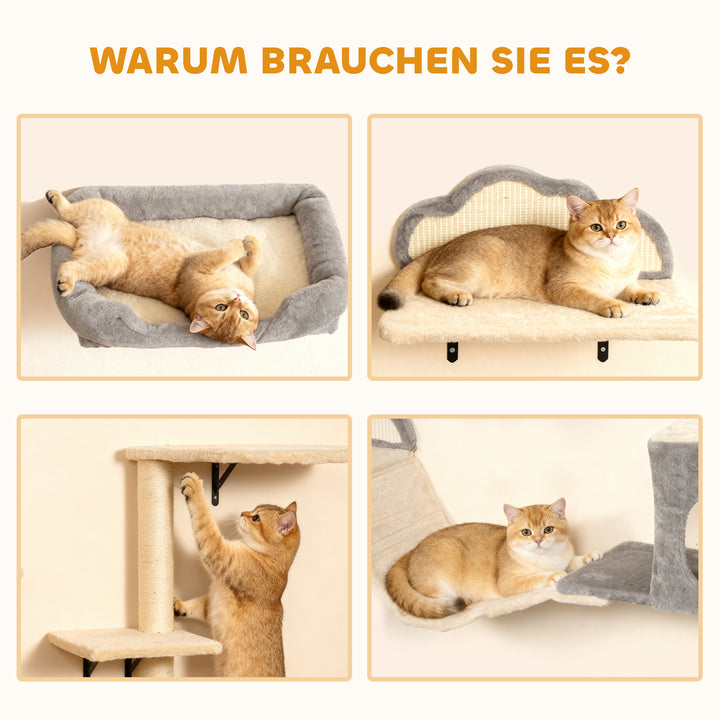 Vægmonteret kradsetræsæt, sisal kradseflader, 4 dele, til 1-3 katte, beige