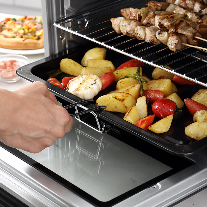Miniovn 32l 100°c-230°c 1600 w miniovn med bageplade krummebakke grillrist og 3 tilberedningstilstande pizzaovn med timer bagepladehåndtag rustfrit stål sølv