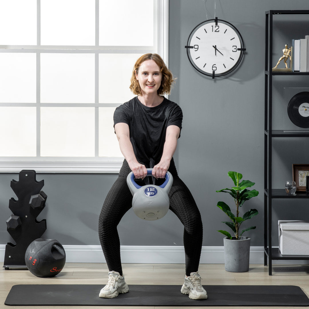 Kettlebell, 12 kg, flad bund, stort håndtag, plastbelægning, blå, 24 x 17 x 28 cm