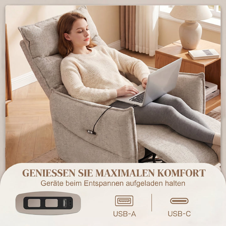 Elektrisk drejelig lænestol til voksne, lænestol med stof i linned-look og opladningsporte, beige