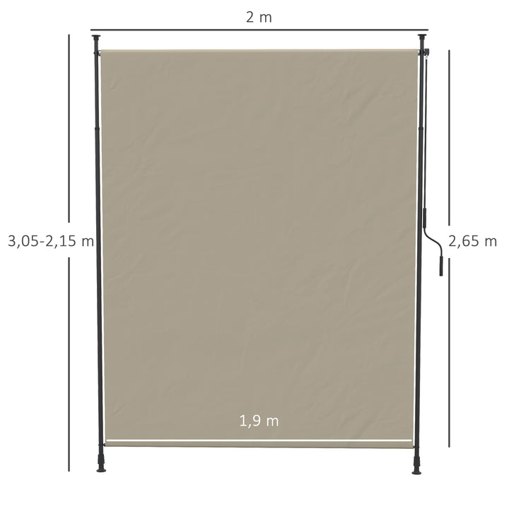Sidemarkise, borefri montering, højdejusterbar, med håndsving, metalramme, sandfarvet, 2 x 2,15-3,05 m