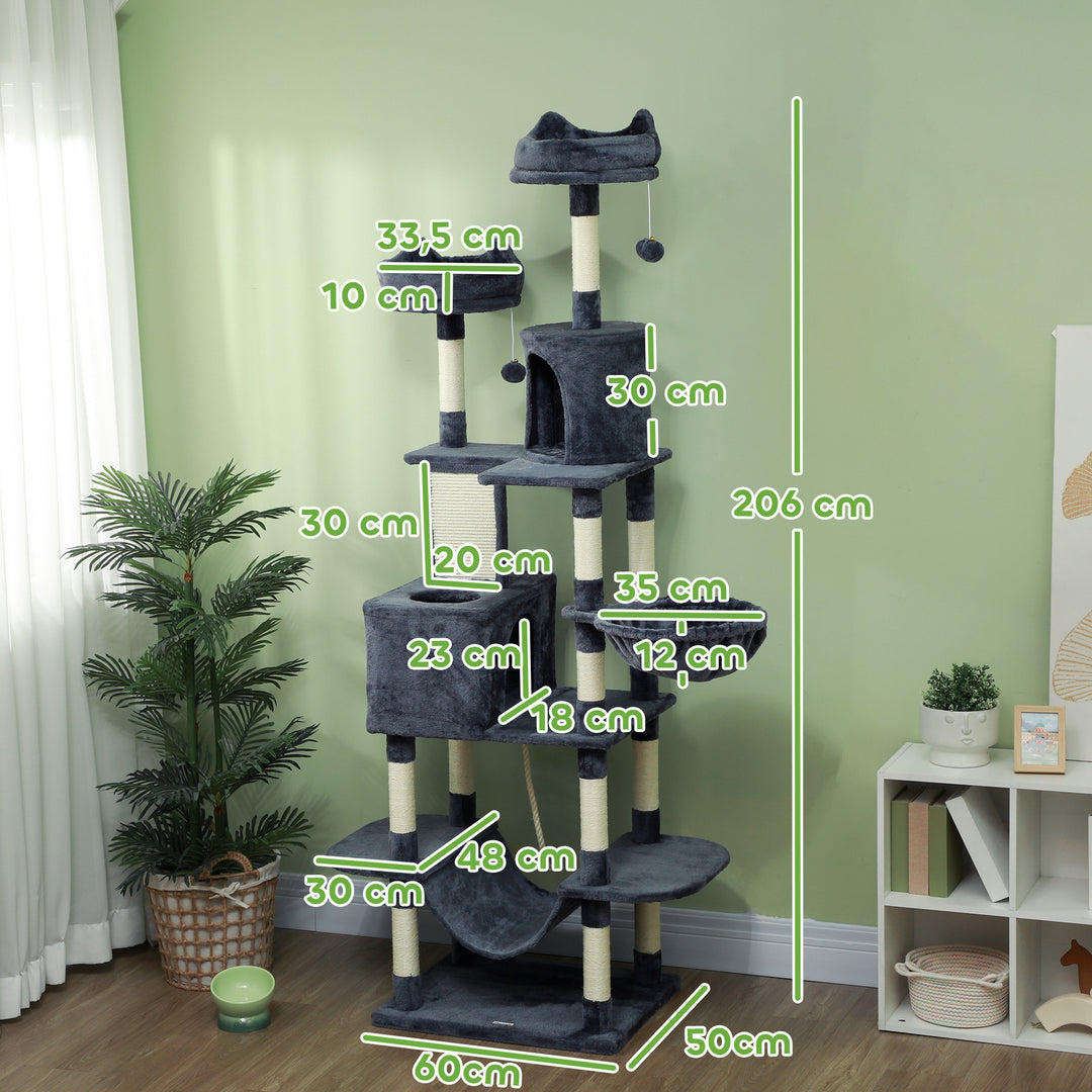 Kradsetræ 206 cm kattetårn med hule, 2 legebolde, sisalstolper, platform til store katte, mørkegrå