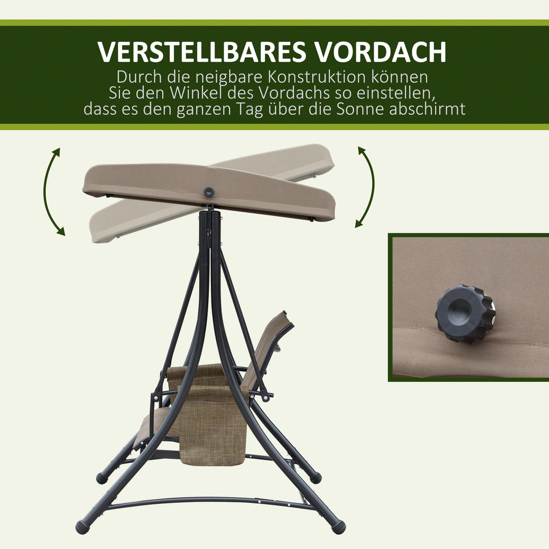 3-Personers verandagynge, havegynge med soltag, gyngebænk med opbevaring, aluminium, 196 x 128 x 172 cm, brun