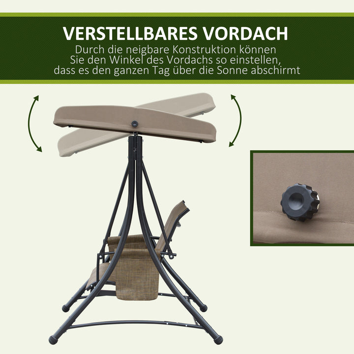 3-Personers verandagynge, havegynge med soltag, gyngebænk med opbevaring, aluminium, 196 x 128 x 172 cm, brun