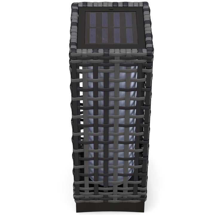 Udendørslampe med solpanel, automatisk tænding, 8 timers driftstid, rottinglook, stål, 15,5 x 15,5 x 46 cm, grå