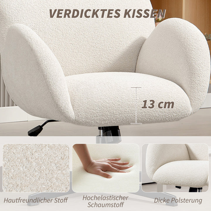 Kontorstol med betræk af fløjlsagtigt stof, polstret stol med stålbund, højdejusterbar kontorstol, cremehvid