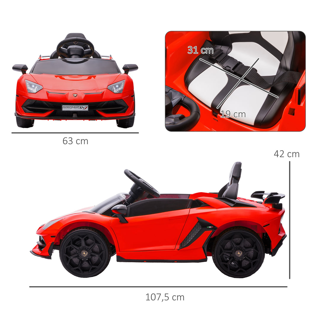 Elektrisk børnebil, Lamborghini Aventador med licens, mågevingedøre, musik, horn, til 3-5 år, rød