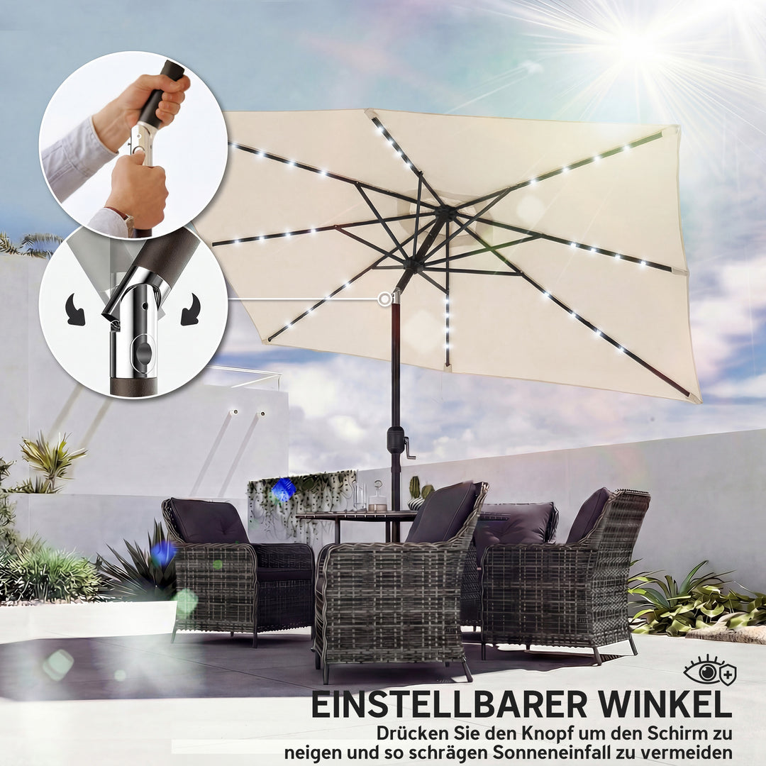LED solcelleparasol, ca. 300 x 200 cm, vipbar balkonparasol med håndsving, beskyttelsesovertræk, UV-beskyttelse, drejelig, cremehvid