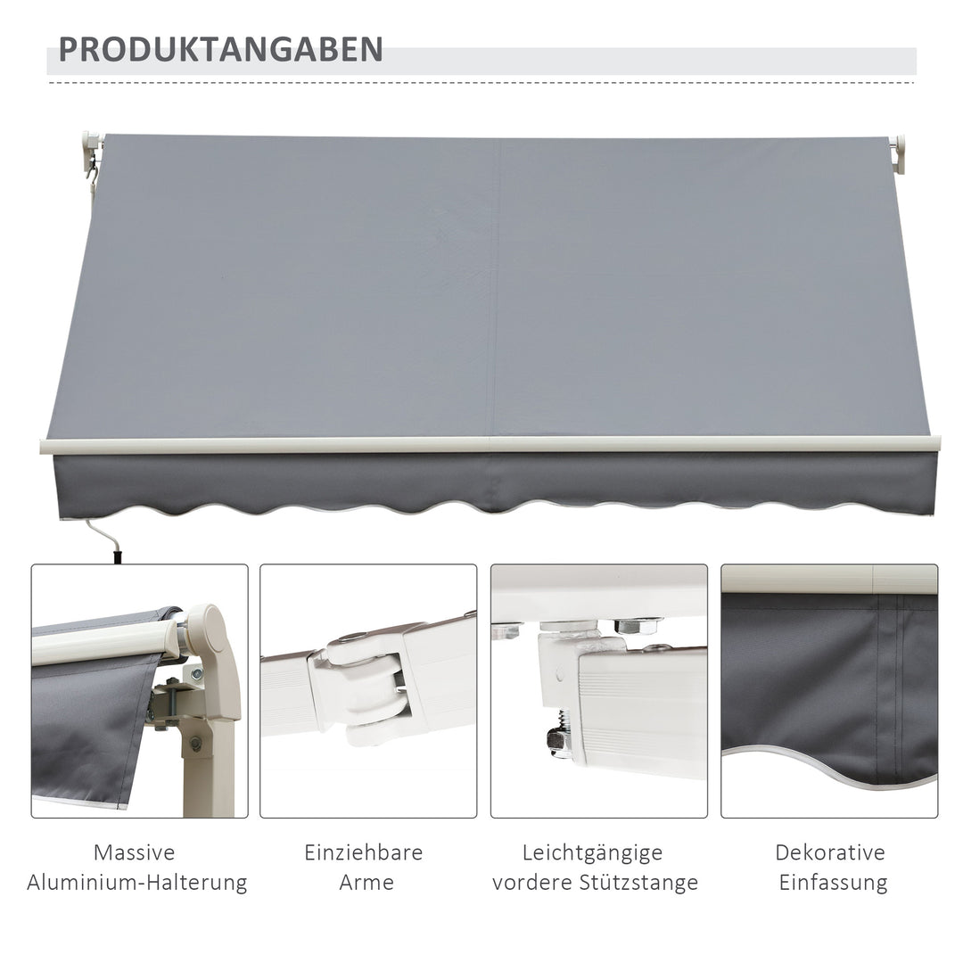 Markise, 3,95 x 2,45 m, solsejl, udtrækkeligt, med håndsving, metalramme, polyester, grå/hvid