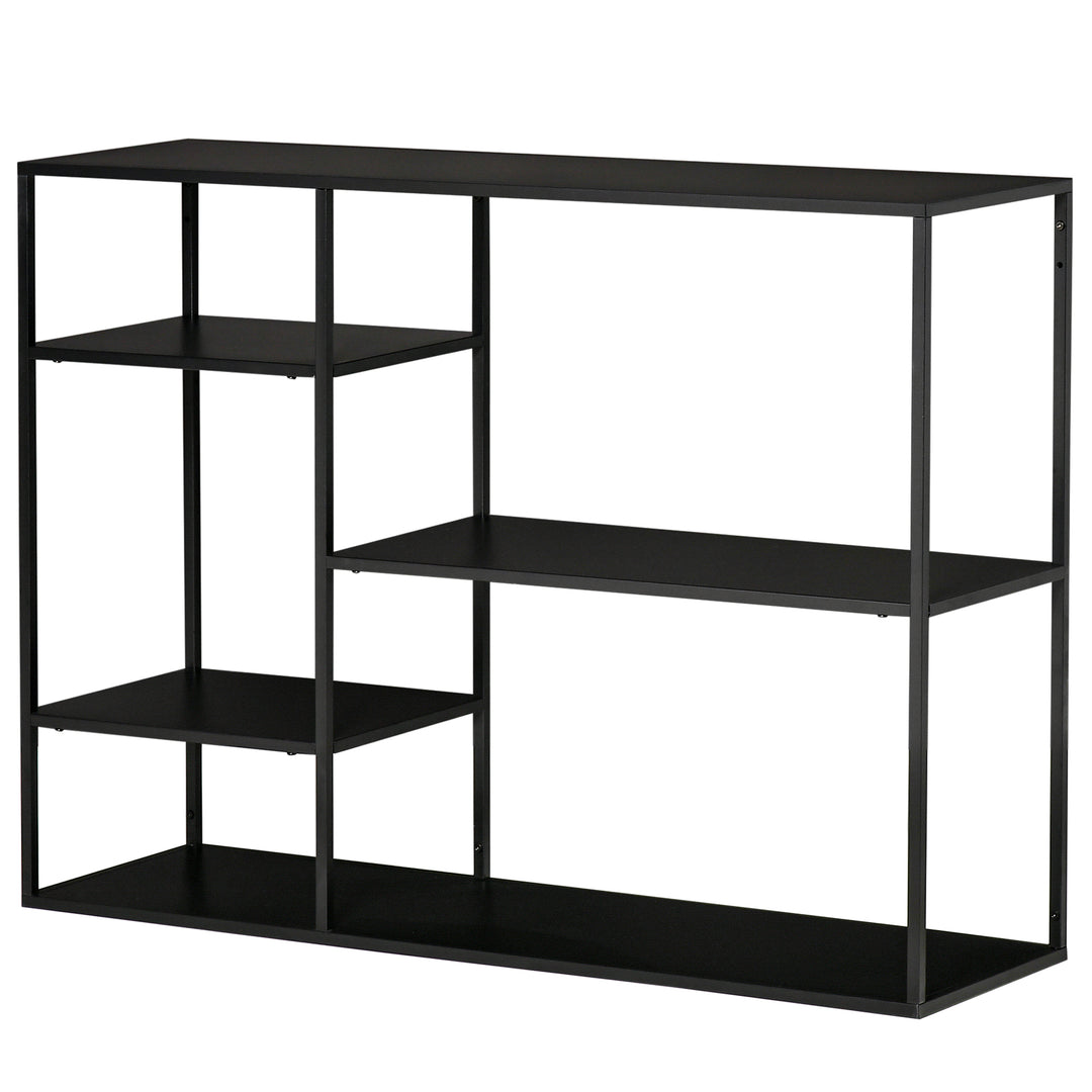 Fritstående reol med 5 åbne rum, opbevaringshylde med metalramme, kubeformet hylde til køkken, stue, sort, 120 x 35 x 87,5 cm