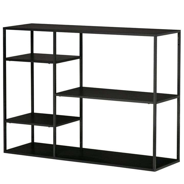 Fritstående reol med 5 åbne rum, opbevaringshylde med metalramme, kubeformet hylde til køkken, stue, sort, 120 x 35 x 87,5 cm
