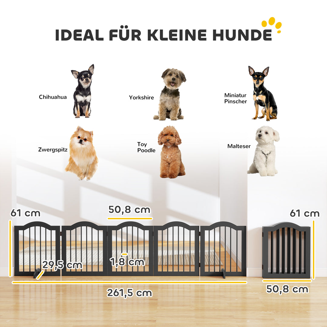 Fritstående hundegitter med fødder, foldbart, 5 paneler, 261,5 x 29,5 x 61 cm, sort