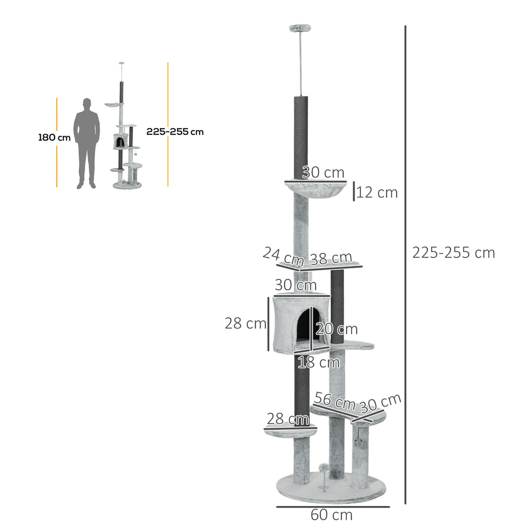 Kradsetræ med loftstrammer, hængekøje, hus, platforme, legebold, 225-255 cm, grå