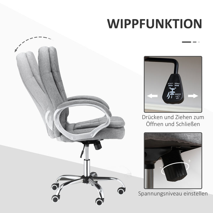 Kontorstol, arbejdsstol, skrivebordsstol, drejestol, 360° ergonomisk gyngefunktion, højdejusterbar, grå linned, 64 x 75 x 111-121 cm