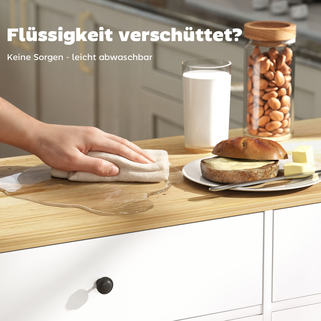 Køkkenø med rullebord, 2 skuffer, 2 skabe, flytbar, krydderiring, håndklædeholder, knivhylde, MDF, hvid