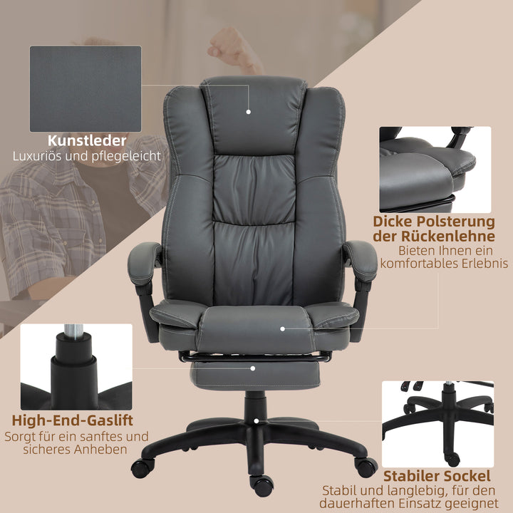 Justerbar drejestol med fodstøtte, nakkestøtte, massagefunktion, kunstlæder, 68,5 x 68,5 x 113-121 cm, mørkegrå