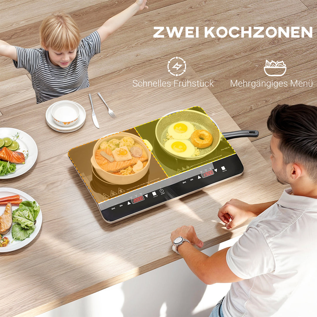 Bærbar induktionskogeplade, 10-trins temperaturkontrol, touchpanel, sort