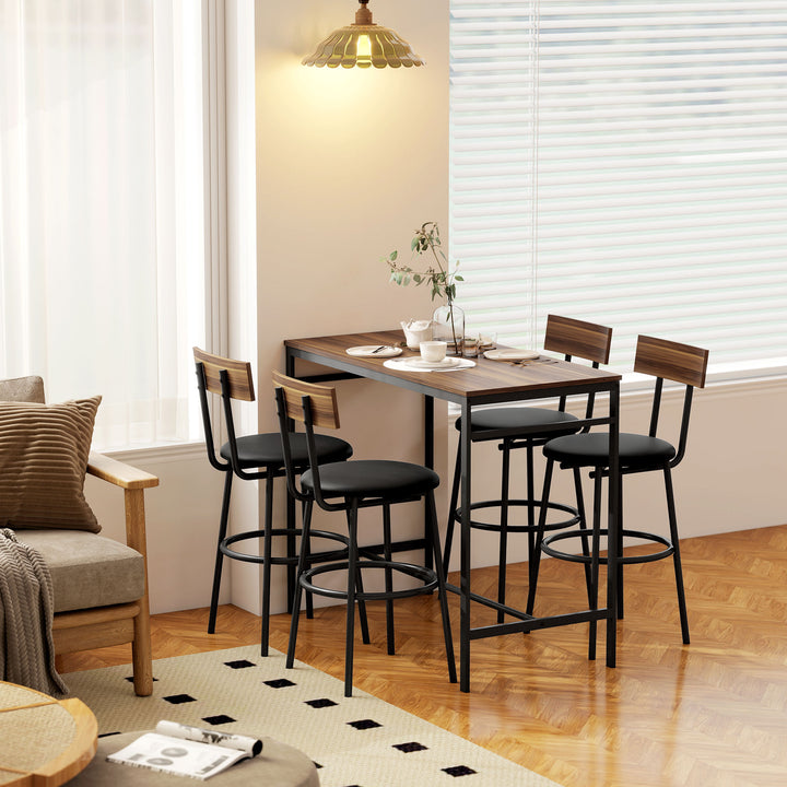 5-delt barbordssæt med 4 stole, industrielt design, til køkken, spisestue, træ, stål, brun