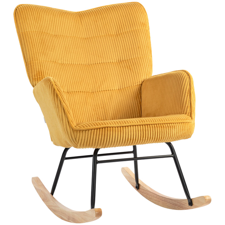 Vintage gyngestol, buede løbere, tykt polstring, bøgetræ og stål, gul