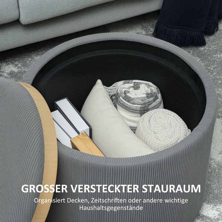 Opbevaringsskammel med opbevaringsplads, rund, fodstøtte, fløjlsbukser, mdf, grå