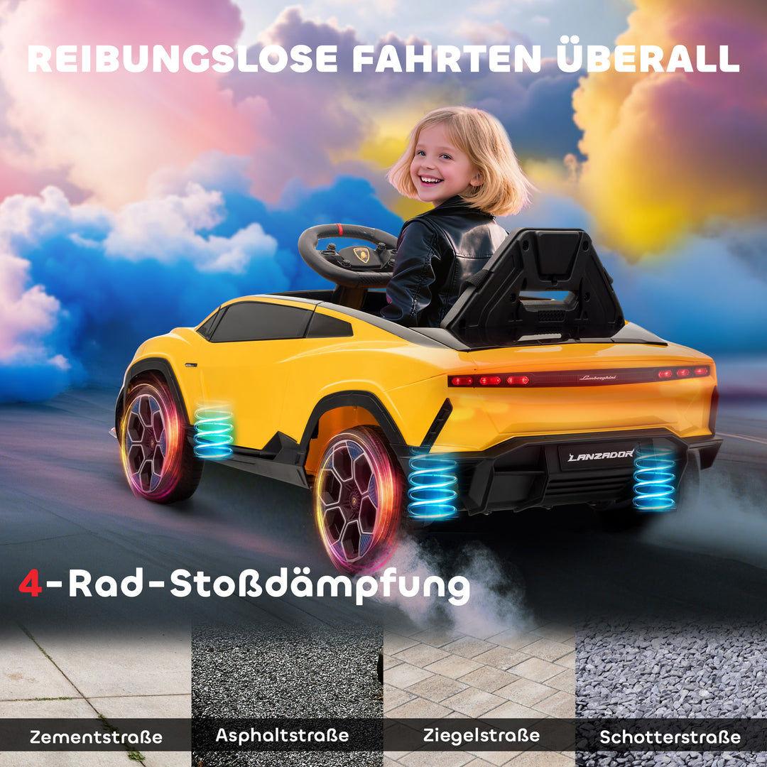 Børne elbil, 12V, med 2,4 GHz fjernbetjening, 2 motorer, horn, LED-lys, musik, 101,5 x 49 x 43 cm, gul