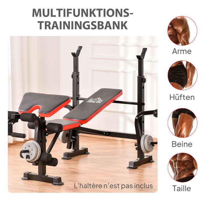 Vægtbænk uden vægte, justerbar fitnessbænk til adskillige øvelser, træningsstation, stål, plastik, sort+rød