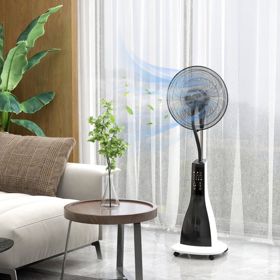 Sokkelventilator med befugtning, støjsvag, bærbar, fjernbetjening, sort/hvid