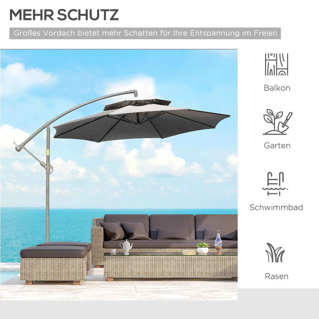Parasol fritbærende parasol ø2,67 x 2,45 m svingparasol med dobbelt tag krydsfod stål udendørs solbeskyttelse polyester stål lysegrå