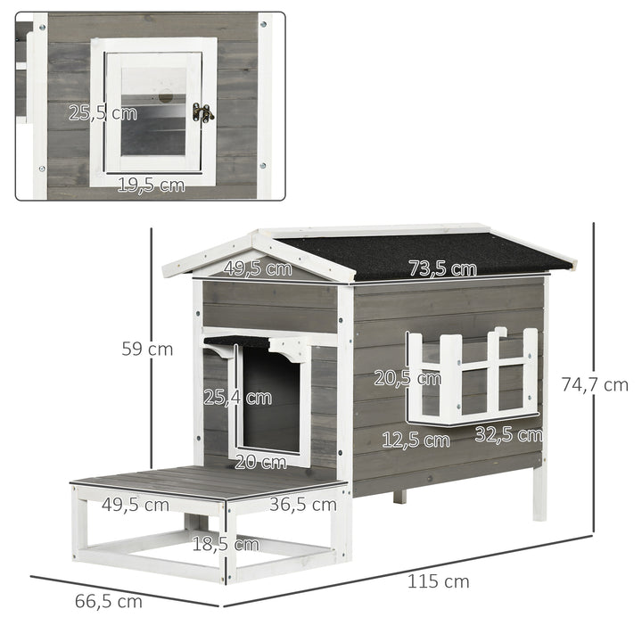 Trækattehus, vintertæt, vandtæt, kattehus med asfalttag, terrasse, kattehule, kattekasse, udendørs ly til udendørs brug, have, balkon, 115 x 66,5 x 74,7 cm, grå + hvid