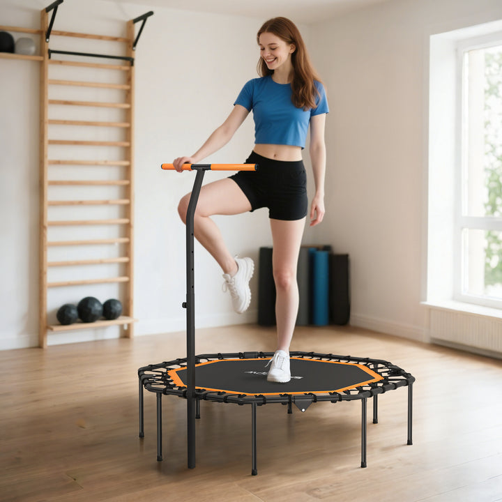 Fitnesstrampolin, træningstrampolin med justerbart håndtag, stabil og støjsvag, til indendørs brug, stål, orange