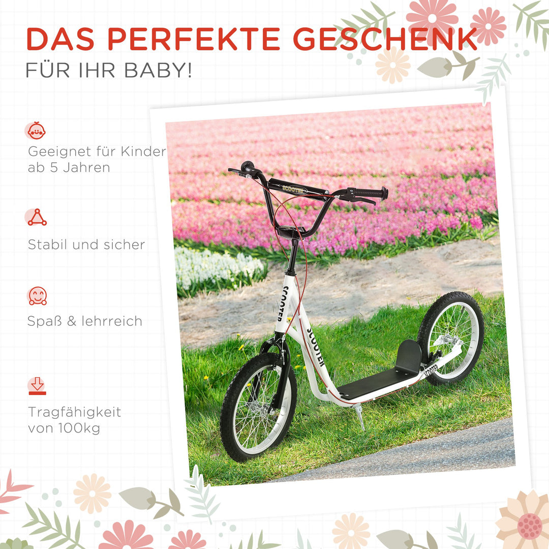Børnescooter, sparkscooter, city scooter, sparkscooter, børnesparkbræt med pneumatiske dæk og håndbremse, scooter til børn, vandtæt, foldbar, fra 5 år, 16 tommer, hvid, 139 x 58 x 90-96 cm