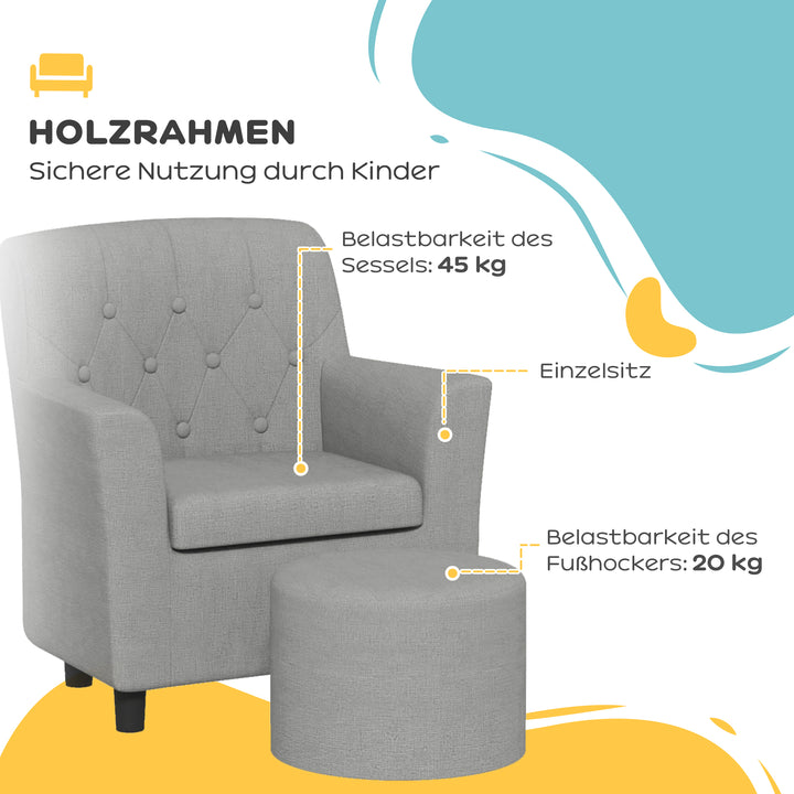 Børnelænestol med skammel, diamantmønsteret ryglæn, blødt sæde, træstel, grå