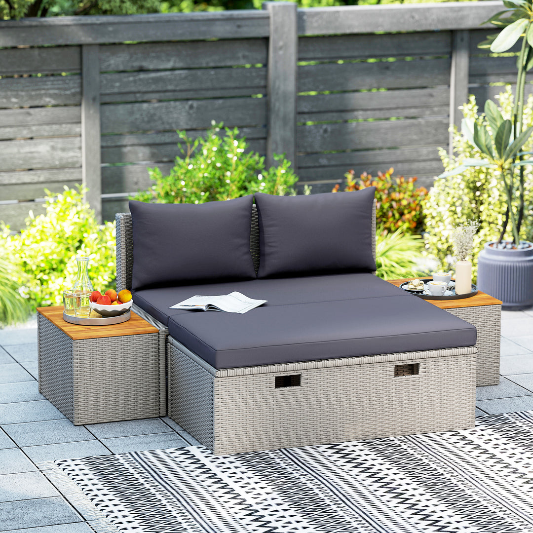 Polyrattan liggestol til 2 personer dobbelt liggestol med fodskammel opbevaringshynder 125x114x72,5 cm grå