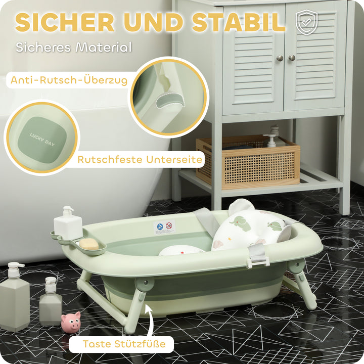 Babybadekar, foldbart, skridsikker bund, elefantbadehynde, 86 x 53 x 25,5 cm, grøn