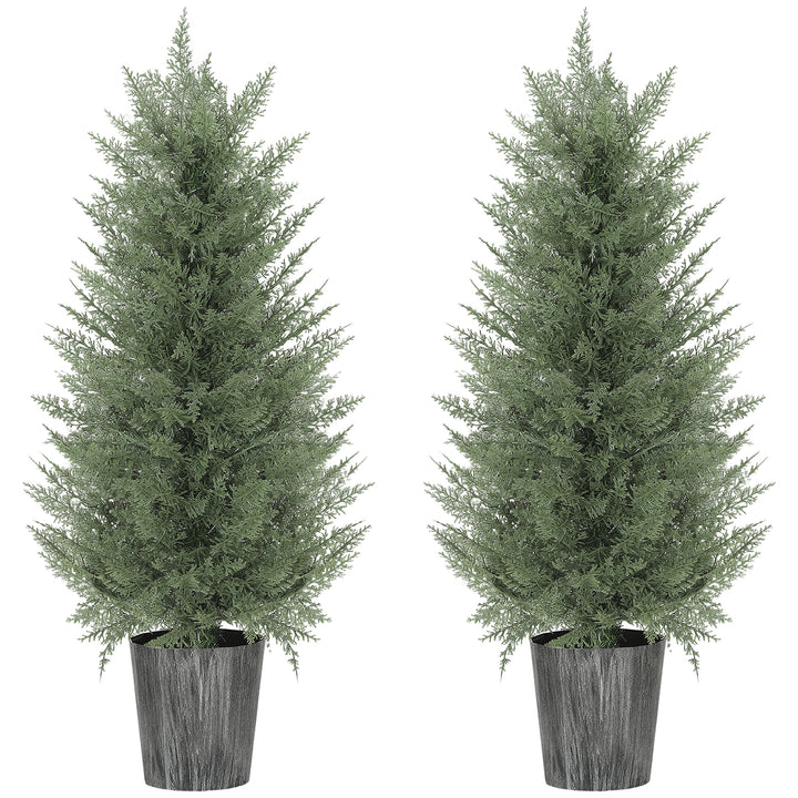 Sæt med 2 store kunstige cypresser, 90 cm, kunstige planter, kunstige plastikplanter i potter 15 x 15 x 90 cm, grønne