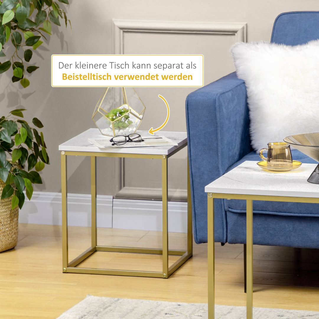 Sæt med 2 stabelbare sideborde med marmorlookplade, guld + hvid