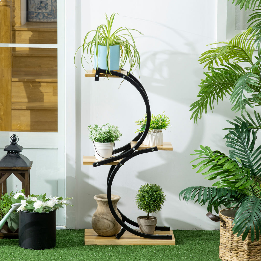 Plantestativ med 4 hylder, massivt træ, vejrbestandigt, 46 cm x 25 cm x 91 cm, sort + naturlig