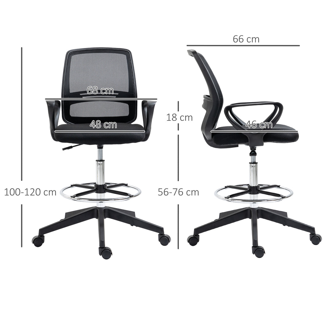 Ergonomisk kontorstol med armlæn og justerbar fodring, højdejusterbar drejestol med netpolstring, sort