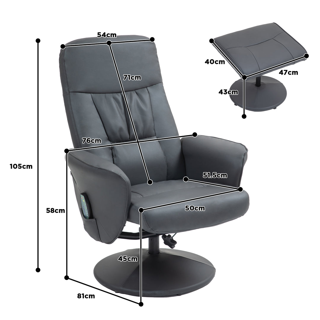 Massagestol med fodskammel, ergonomisk stol med 10 vibrationspunkter, kunstlæder, 76 x 81 x 105 cm, mørkegrå