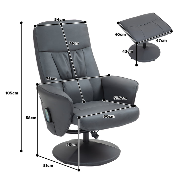 Massagestol med fodskammel, ergonomisk stol med 10 vibrationspunkter, kunstlæder, 76 x 81 x 105 cm, mørkegrå