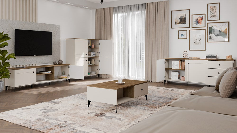 Elegant og bred TV-bord, lav kommode, kashmir-farvet, sorte ben