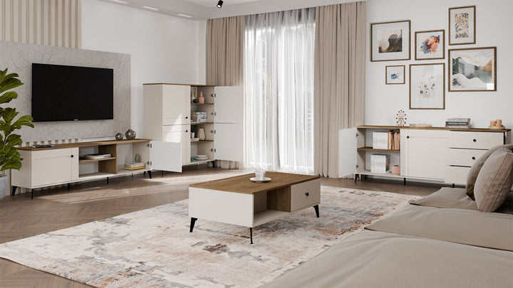 Elegant og bred TV-bord, lav kommode, kashmir-farvet, sorte ben