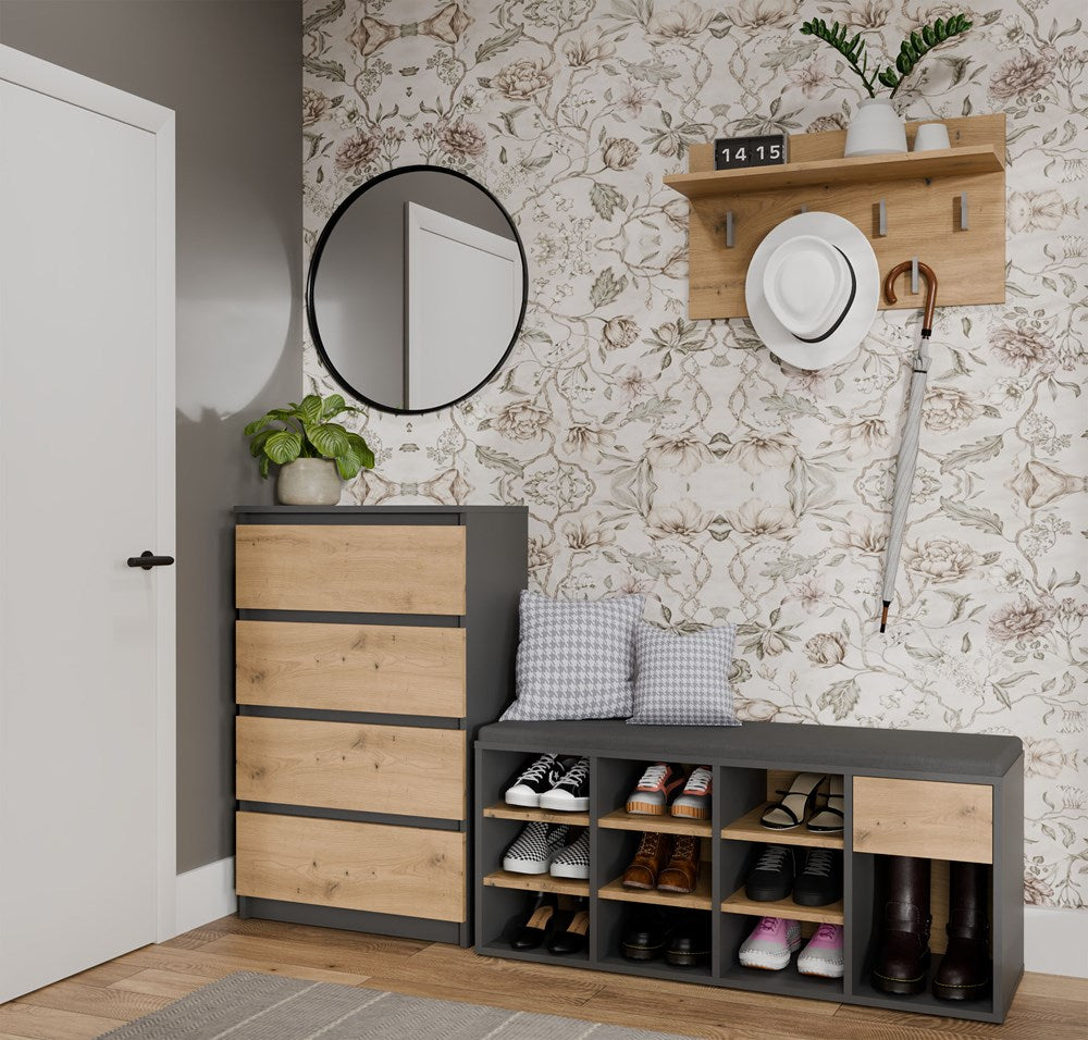 Åben skobænk med skuffe, antracit og naturfarvet
