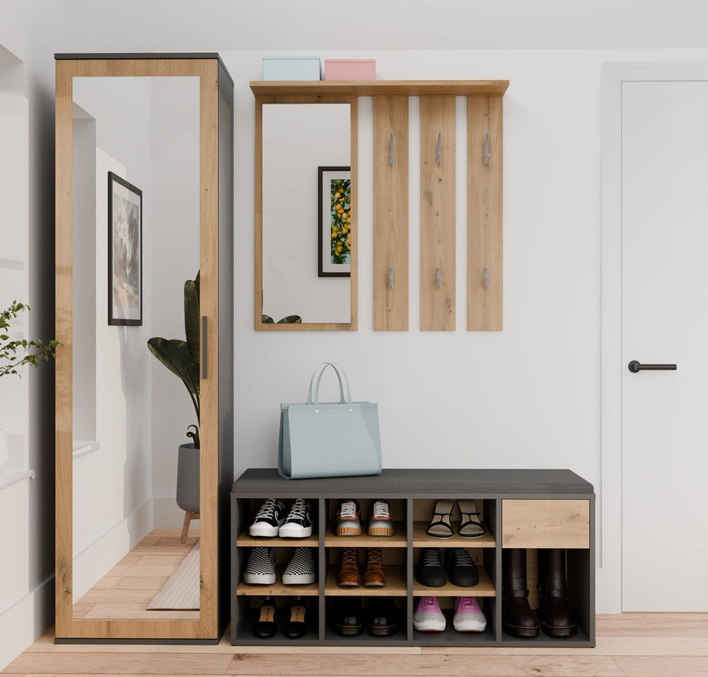 Åben skobænk med skuffe, antracit og naturfarvet